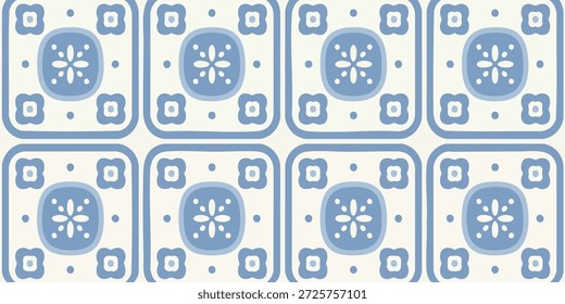 Un sereno patrón de azulejos azules y blancos con Formas geométricas y motivos florales en un diseño repetitivo
