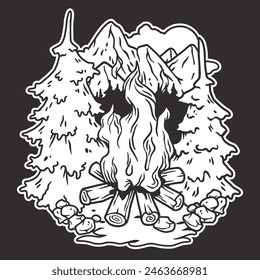 Serene and peaceful mountain camping line art illustration in black and white, showcasing the beauty of nature, camping, hiking, and outdoor adventure with a campfire, wildlife, and tranquil scenery.