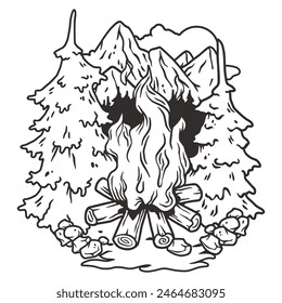 Serene and peaceful mountain camping line art illustration in black and white, showcasing the beauty of nature, camping, hiking, and outdoor adventure with a campfire, wildlife, and tranquil scenery.