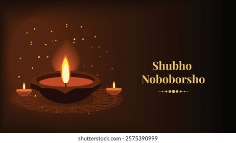 A serene and peaceful scene celebrating 'Shubho Noboborsho,' the Bengali New Year. The image features a traditional oil lamp with a flickering flame and small clay lamps surrounding it. The background