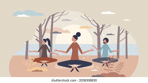 Serene people and calm meditation as peace lifestyle tiny person concept. Psychological and mental retreat, treatment or healing with mind control, inner wellness and breathing vector illustration.