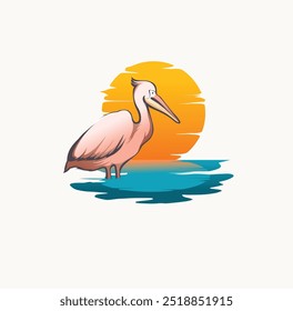 Serene Pink Pelican Sunset Illustration with Vibrant Colors