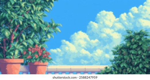 Serene pixel art garden with cloudy sky backdrop for creative design projects