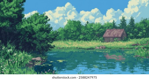 Serene pixel art landscape with cabin by lake under blue sky