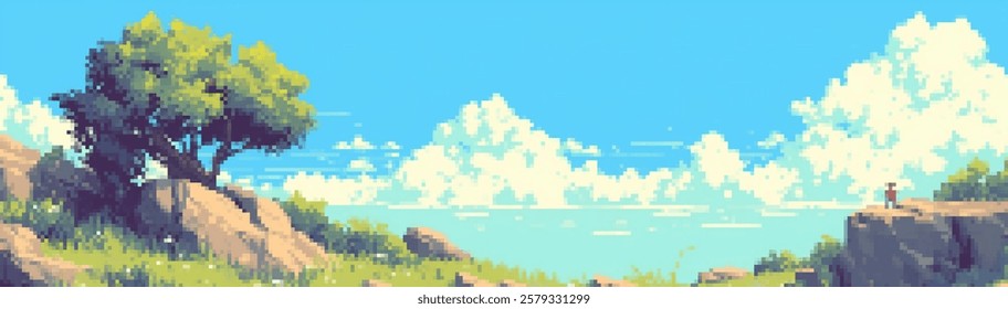 A serene pixel art landscape featuring a large tree on a rocky terrain under a bright blue sky filled with fluffy clouds. A small figure stands on a rock, gazing at the scenery. 8 bit