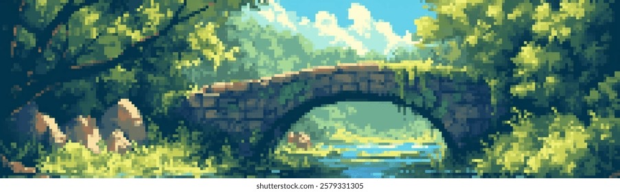 A serene pixel art landscape featuring a stone bridge over a calm river, surrounded by lush greenery and trees under a bright blue sky with fluffy clouds.