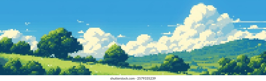 A serene pixel art landscape featuring rolling green hills, lush trees, and a bright blue sky with fluffy white clouds. The scene captures a peaceful and idyllic atmosphere.