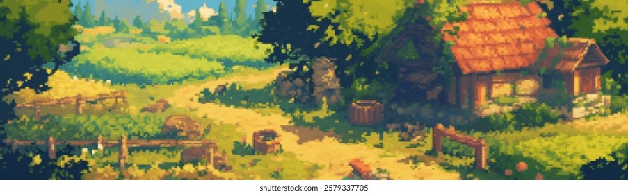 A serene pixel art landscape featuring a quaint cottage surrounded by lush greenery, a dirt path leading through the countryside, and a clear blue sky.