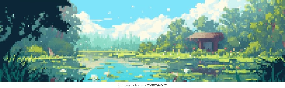 A serene pixel art landscape featuring a tranquil pond surrounded by lush greenery and blooming lilies. A small wooden cabin is nestled among the trees under a bright blue sky with fluffy clouds.