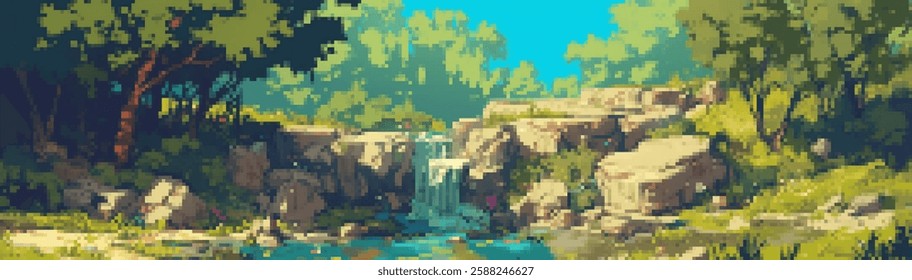 A serene pixel art landscape featuring a small waterfall cascading over rocks into a tranquil pond, surrounded by lush greenery and vibrant trees under a bright blue sky.