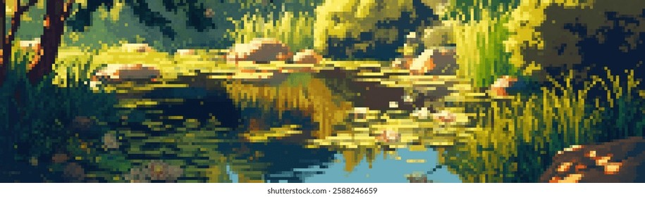 A serene pixel art landscape featuring a calm pond surrounded by lush greenery, rocks, and trees. The water reflects the vibrant colors of the foliage, creating a peaceful atmosphere.