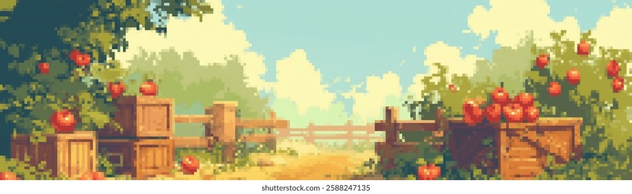 A serene pixel art landscape featuring a dirt path leading through a lush orchard. Wooden crates are scattered along the path, with red apples resting on the ground and trees lining the sides. 