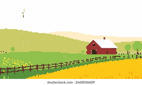 A serene pixel art landscape featuring a red barn.