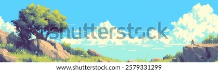 A serene pixel art landscape featuring a large tree on a rocky terrain under a bright blue sky filled with fluffy clouds. A small figure stands on a rock, gazing at the scenery. 8 bit