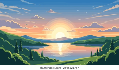 Serene Pixel Art Landscape with a Glowing Sunset Over Mountains and a Calm Lake