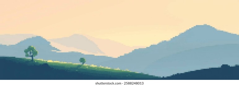 Serene pixel art landscape with hills and trees in soft pastel colors for retro game design