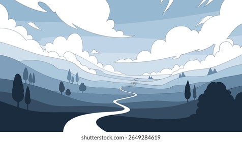 A Serene Pixel Art Landscape with Rolling Hills and a Winding River Under a Cloudy Sky