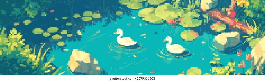 A serene pixel art scene depicting a tranquil pond with lily pads and two white ducks swimming. Lush greenery surrounds the water, creating a peaceful atmosphere.