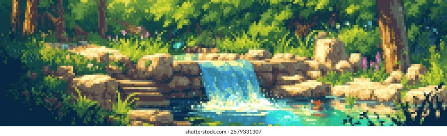 A serene pixel art scene depicting a tranquil waterfall cascading into a clear pool surrounded by lush greenery and colorful flowers. Sunlight filters through the trees, creating peaceful atmosphere.