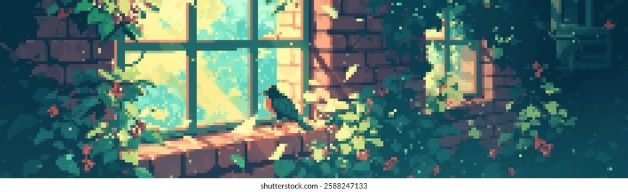 A serene pixel art scene depicting a window with sunlight streaming through, surrounded by lush green vines and flowers.