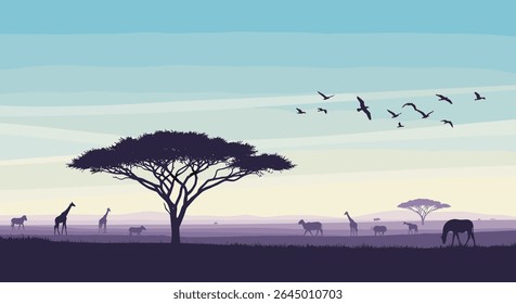 Sereno Pixelizado Savana Africana Paisagem Animais Árvore Silhueta Pássaros Natureza Arte Fotografia