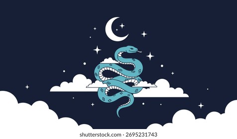 Uma imagem serena e pixelizada representando uma cobra enrolada entre nuvens, estrelas e uma lua crescente em um céu noturno, evocando uma sensação de calma e mistério.