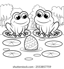 A serene pond scene with two cheerful frogs sitting on lily pads. Between the frogs, there's an ornate, striped egg floating on the water.