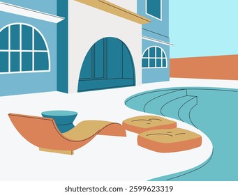 A serene poolside retreat with elegant lounge chairs and a modern villa