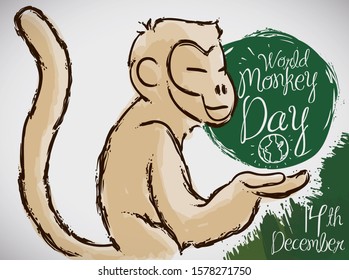 Serene primate meditating with a green sphere and doodles in the background during World Monkey Day this 14th December.