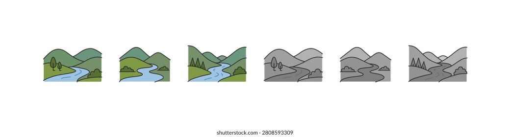 A Serene Progression of Mountain Landscapes Showcasing Diverse Terrain, River Flow, and Varying Color Palettes from Vibrant to Monochrome