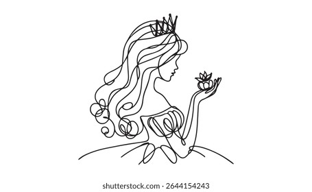 Serene Queen: A regal line art illustration depicts a queen with eyes closed, hands clasped in prayer, wearing a crown, showcasing peace and grace.