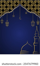 A serene Ramadan illustration with a mosque,crescent moon, and hanging lanterns. Ideal for creating peaceful and calming designs for greeting cards, posters