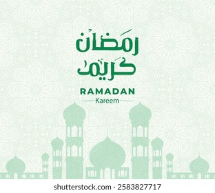 A serene Ramadan Kareem vector design in shades of green, featuring a mosque silhouette, arabesque patterns, and elegant Arabic calligraphy. 
Translation: Ramadan Kareem