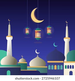 Uma serena ilustração do vetor da paisagem da cidade noturna do Ramadã apresentando modernas cúpulas de mesquitas em estilo plano, minaretes imponentes, uma lua crescente brilhante e lanternas decorativas penduradas sob um céu estrelado