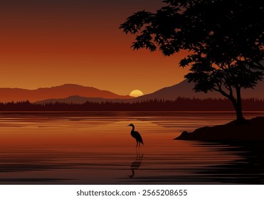 Serene red sunset at lake with a bird