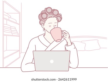 A serene and relaxed morning scene with a person leisurely sipping coffee while actively working on a laptop