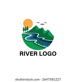Serene River Landscape Logo Design Mountain, Sun, and Birds Illustration