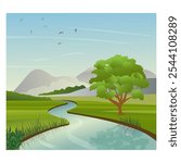 Serene Riverbank Scene with Trees, Grass, hills, Flying Birds and Clear Blue Sky