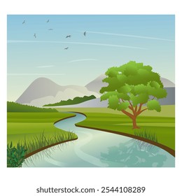 Serene Riverbank Scene with Trees, Grass, hills, Flying Birds and Clear Blue Sky