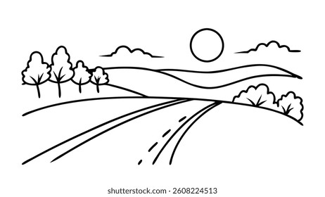 Serene road through open fields. line art flat vector illustration.