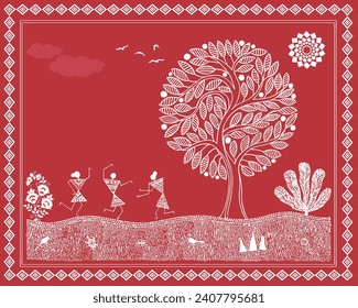 Serene Rural Bliss: Warli-Baum-Malerei. Warli Baumkunst. Ländliches Genießen. Traditionelle indische Malerei.