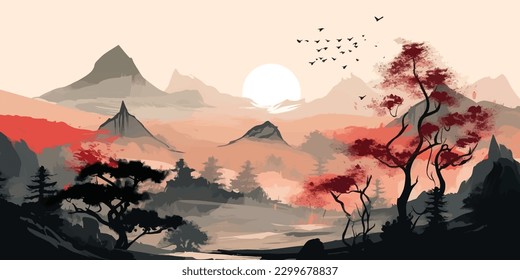 Serene Sakura Sumi e  A Blissful Oriental Landscape