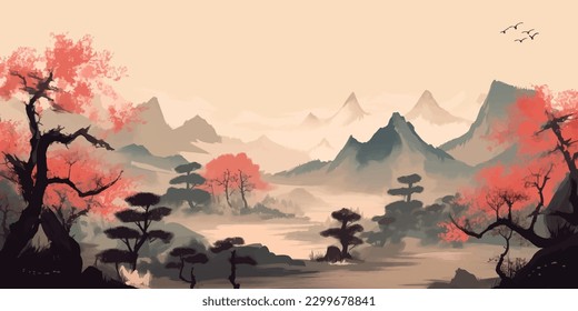 Serene Sakura  A Traditional Ink Landscape of Young Trees and Blue Mountains in Oriental Style with Happiness Hieroglyph