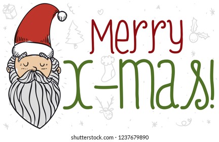 Serene Santa Claus thinking about X-mas event: gift delivery, Christmas' pine tree, holly leaves, reindeer and other decoration.