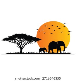 Uma cena serena de savana com um elefante grande e pequeno andando sob uma acácia arborizada contra um pôr do sol laranja vibrante com pássaros voadores