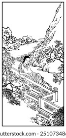 Serene scene of a figure resting on a bridge amidst nature, with mountains and trees surrounding, rendered in a traditional ink drawing style.