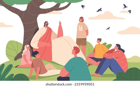 Serene Scene Of Jesus Biblical Character Sit Under Tree, Captivating Children With His Storytelling Vector Illustration