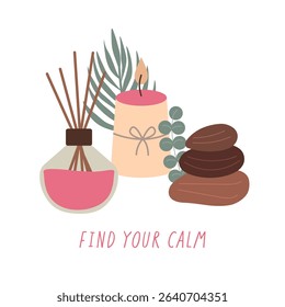 Serene scene with meditation tools: candlelight, diffuser, massage stones, tropical plants. Suitable for banners and greeting cards