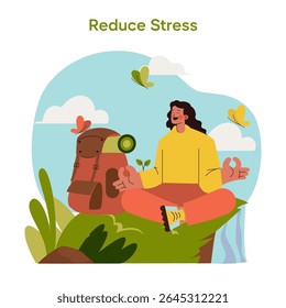 A serene scene of a person meditating outdoors surrounded by nature. This vector illustration symbolizes stress reduction and tranquility, capturing a peaceful moment in nature.