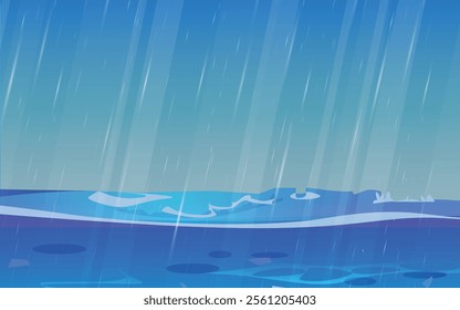 Serene scene of rain gently falling over a wild landscape, with a calm lake reflecting the stormy skies. A peaceful yet dramatic depiction of nature's beauty and raw energy.